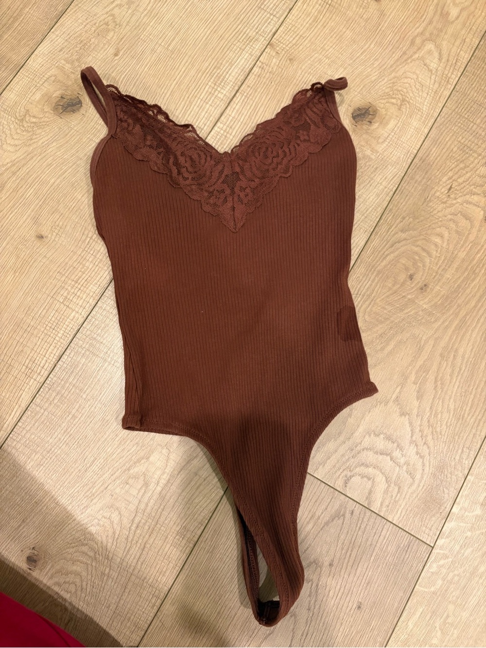 PINK Victoria's Secret Ribbed Lace-Trim Bodysuit - Brown